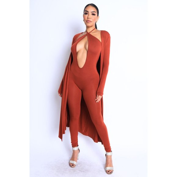 Women's Open Center Halter Jumpsuit with Cardigan Set Red Cross Neck - Picture 6 of 8